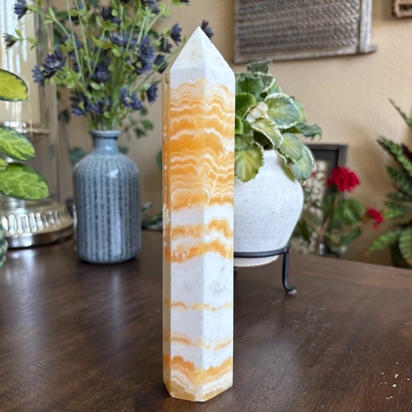 Imperfect - Large Yellow Banded Calcite Tower - 1.77 Pounds and 9.25 Inches Tall - Picture 3 of 13